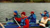 Two canadian canoes lashed together as raft
