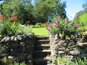 Stone steps up from the Herb Garden through the Dry Border