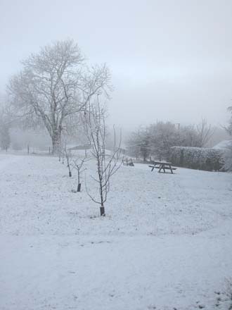 Huddlestone Cottage and The Hayloft orchard gardens in the snow 2011