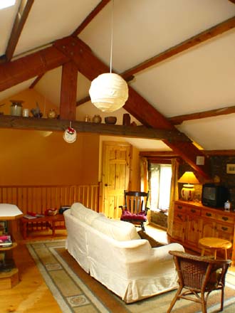 Living room with exposed beams and lofted ceiling